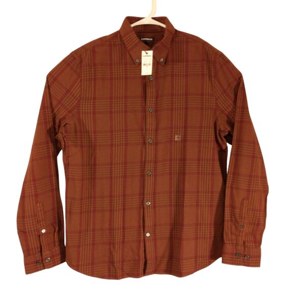 Express shirt mens M Medium brown long sleeve button check plaid stretch 6150 - Picture 1 of 9